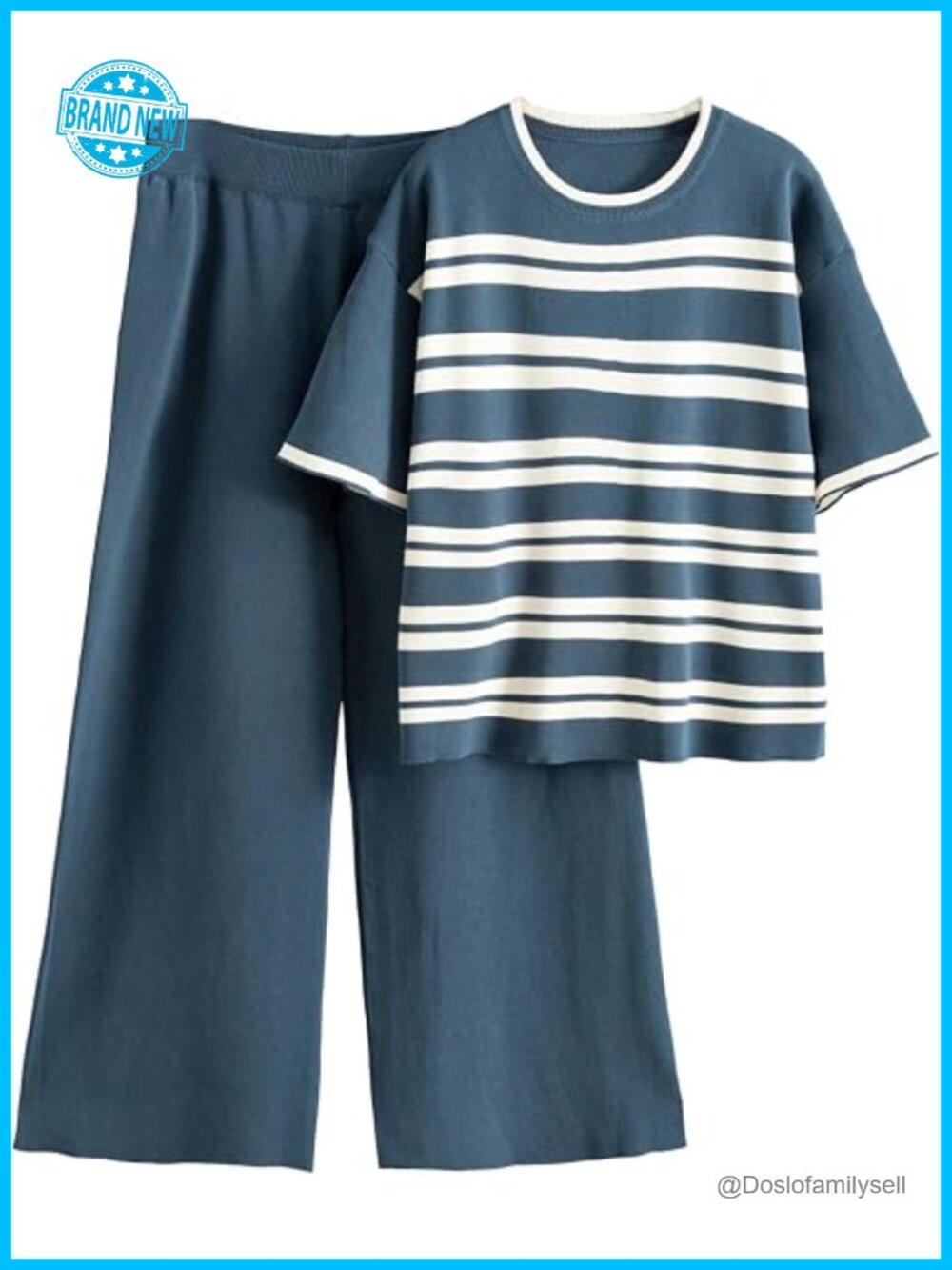 Striped 2 Piece Knit Travel Outfit Wide Leg Pants Lounge Set